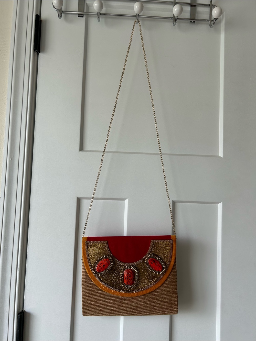 Embellished Red and Tan Indian Shoulder Bag with Gold Chain